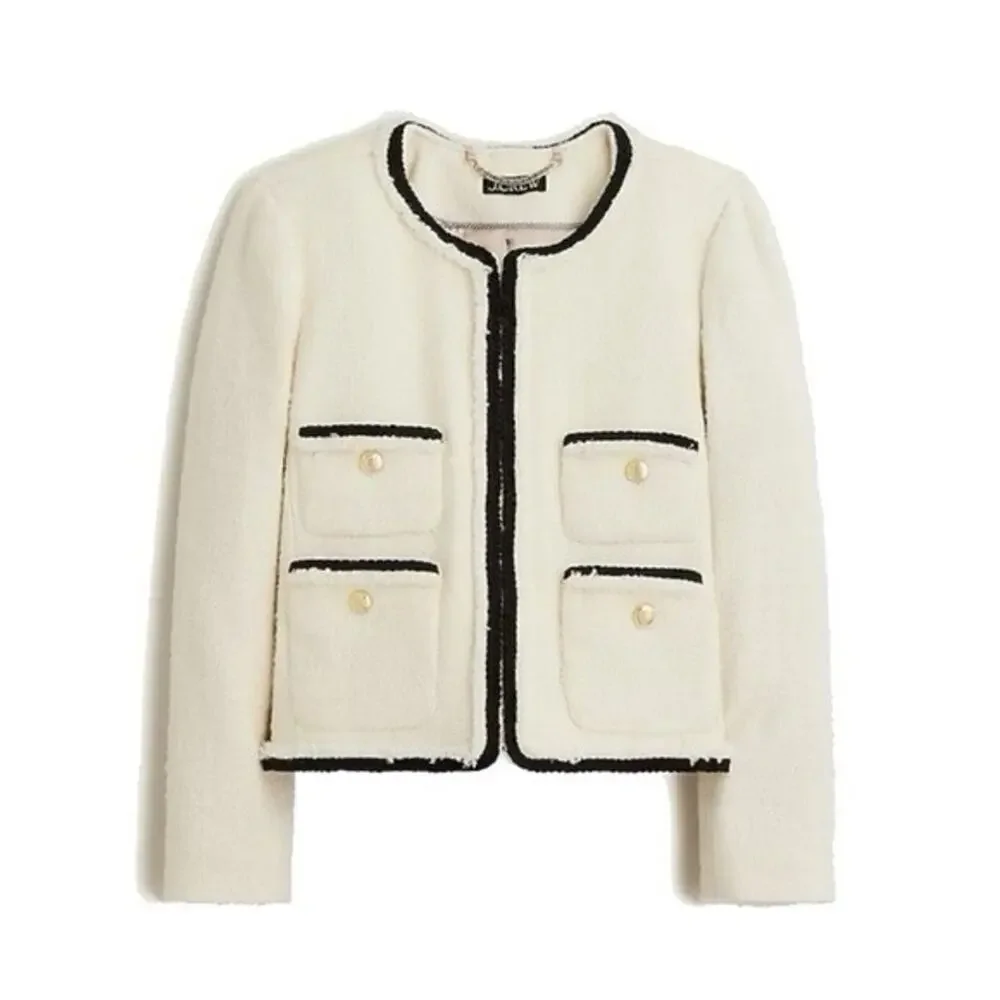 J. Crew Frances Lady Jacket in Ivory Tweed with Black Trim Gold Buttons SZ 22